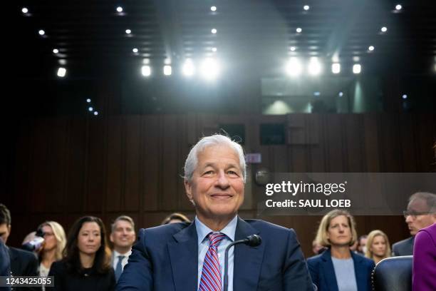 Jamie Dimon, Chairman and CEO of JPMorgan Chase, arrives to testify during a Senate Banking, Housing, and Urban Affairs Committee Hearing on the...