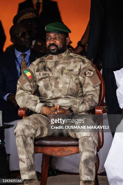 Malis interim leader and head of Junta, Colonel Assimi Goïta looks on, in Bamako, Mali, on September 22, 2022 during Mali's Independence Day military...