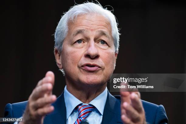 Jamie Dimon, CEO of JPMorgan Chase, testifies during the Senate Banking, Housing, and Urban Affairs Committee hearing titled Annual Oversight of the...