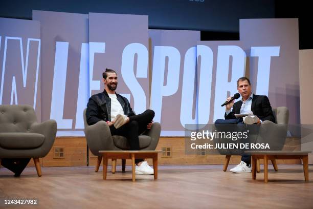 Former US Swimmer and Olympic champion Michael Phelps participates in a debate on the occasion of an event dubbed "Demain le sport" , in Paris on...