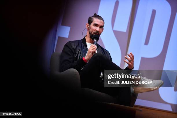 Former US Swimmer and Olympic champion Michael Phelps participates in a debate on the occasion of an event dubbed "Demain le sport" , in Paris on...