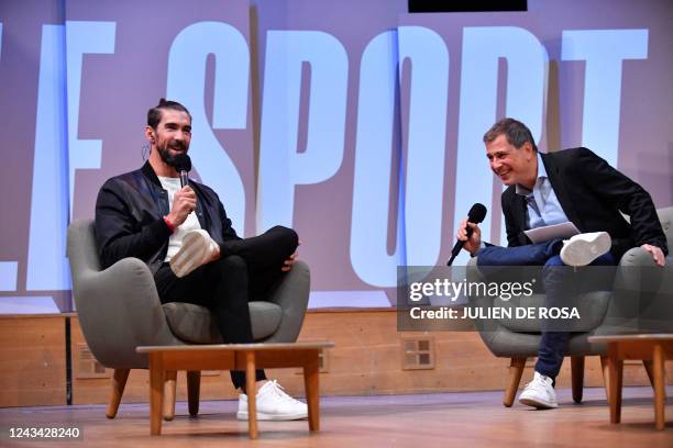 Former US Swimmer and Olympic champion Michael Phelps participates in a debate on the occasion of an event dubbed "Demain le sport" , in Paris on...