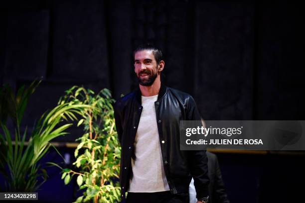 Former US Swimmer and Olympic champion Michael Phelps arrives to participate in a debate on the occasion of an event dubbed "Demain le sport" , in...