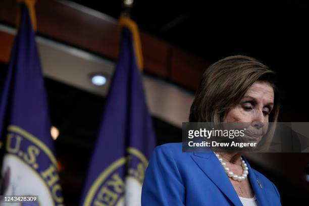Speaker of the House Nancy Pelosi pauses while speaking during her weekly news conference on Capitol Hill September 22, 2022 in Washington, DC....