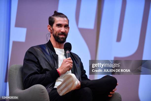Former US Swimmer and Olympic champion Michael Phelps participates in a debate on the occasion of an event dubbed "Demain le sport" , in Paris on...
