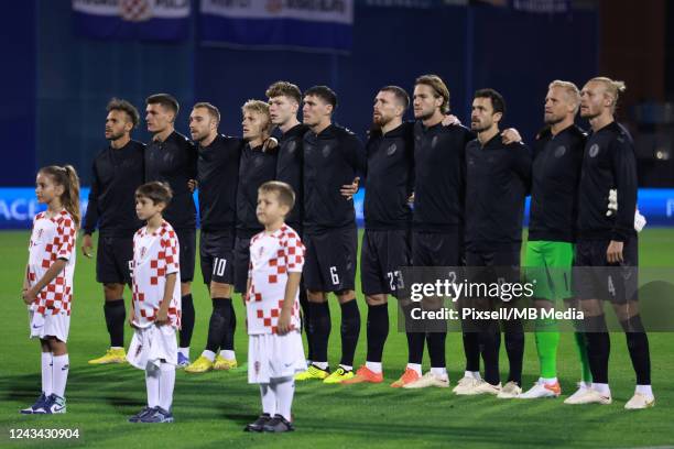 Denmark players stands for the national anthem prior the UEFA Nations League League A Group 1 match between Croatia and Denmark at Stadion Maksimir...