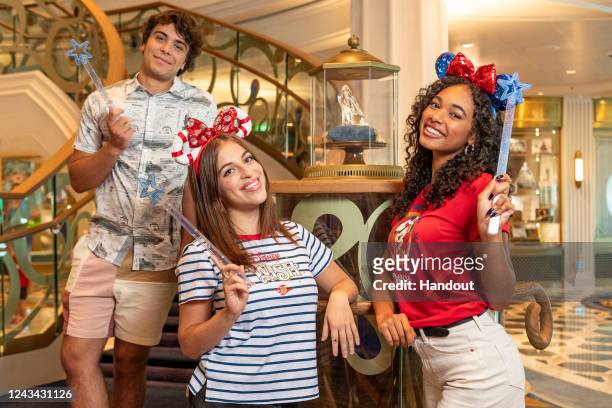 In this handout photo provided by Disney Cruise Lines, Pearce Joza, Ariel Martin and Chandler Kinney from Disney Channel’s “Zombies 3” set sail on...