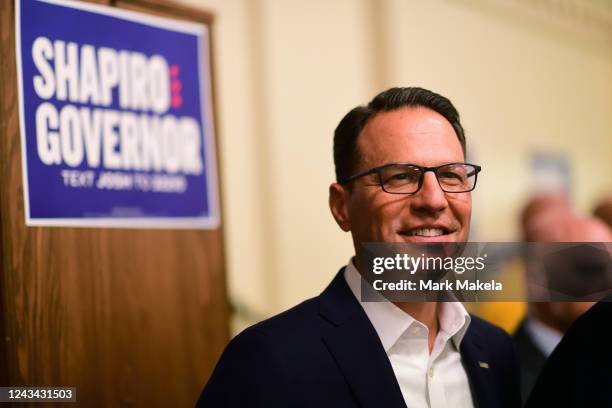 Pennsylvania Attorney General and Democratic Nominee for Governor Josh Shapiro reacts while speaking with supporters during a Northampton County Meet...