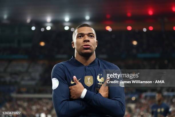 Kylian Mbappe of France celebrates after scoring a goal to make it 1-0 during the UEFA Nations League League A Group 1 match between France and...