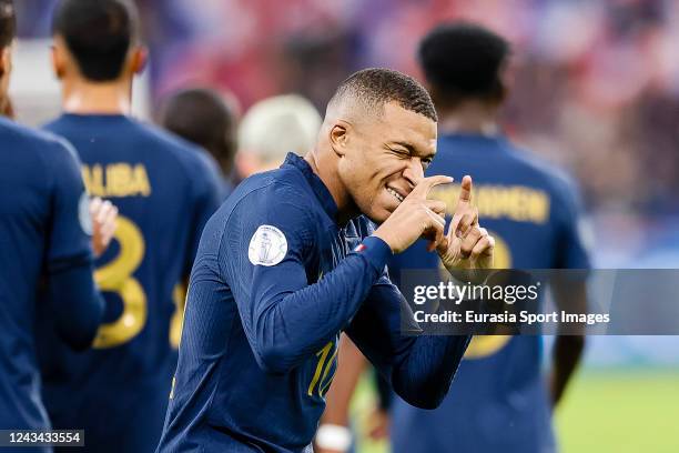 Kylian Mbappé of France celebrates his goal during the UEFA Nations League League A Group 1 match between France and Austria at Stade de France on...