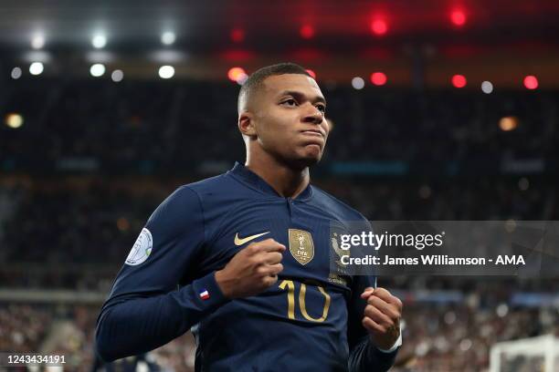 Kylian Mbappe of France celebrates after scoring a goal to make it 1-0 during the UEFA Nations League League A Group 1 match between France and...