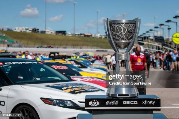 Winning trophy sits on pit road prior to the NASCAR Cup Series Hollywood Casino 400 at the Kansas Speedway in Kansas City, Kansas.