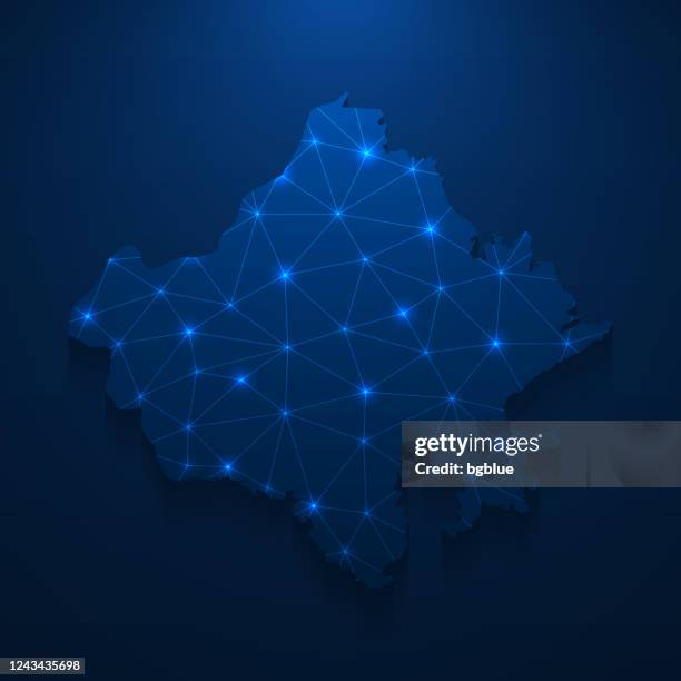 rajasthan map network - bright mesh on dark blue background - rajasthan stock illustrations