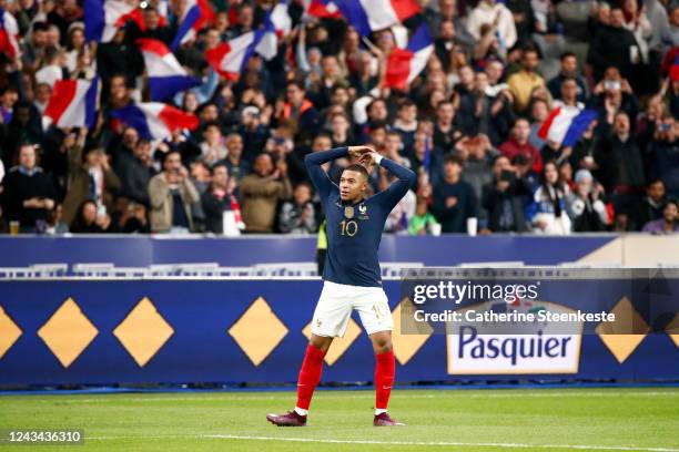 Kylian Mbappe of France celebrates his goal during the UEFA Nations League League A Group 1 match between France and Austria at Stade de France on...