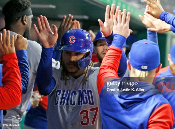 Michael Hermosillo of the Chicago Cubs celebrates after scoring on a two RBI double in the second inning against the Pittsburgh Pirates during the...