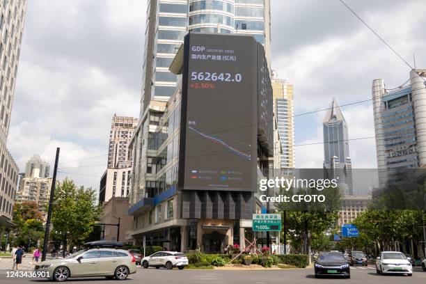 Large screen displays the gross domestic product for the first and second quarters of 2022 on Nanjing West Road in Shanghai, China, Sept 22, 2022.