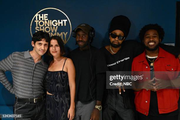 Episode 1715 -- Pictured: Musical guest Blood Orange poses backstage with his band on Thursday, September 22, 2022 --