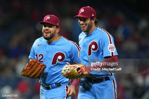 Kyle Schwarber and Matt Vierling of the Philadelphia Phillies head to the dugout after the end of the top of the eighth inning against the Atlanta...