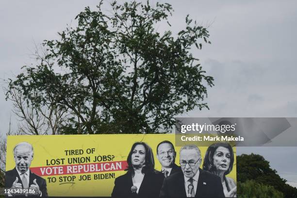 Billboard critical of Democrats featuring U.S. President Joe Biden, U.S. Vice President Kamala Harris, Democratic candidate for Governor Pennsylvania...