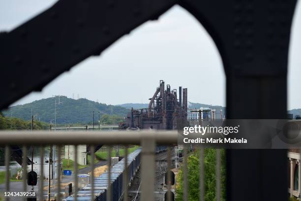 Cargo train approaches the defunct Bethlehem Steel factory on September 22, 2022 in Bethlehem, Pennsylvania. Democratic candidate for Governor...