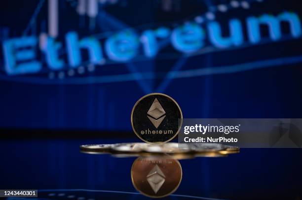 Visual representation of the digital Cryptocurrency Ethereum Crypto and Bitcoin, in Brussels, Belgium on 22 September 2022.
