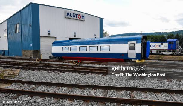 Completed Amtrak Acela trainsets in the yard of the at the Alstom production facility in Hornell, N.Y., Wed., July 27, 2022.