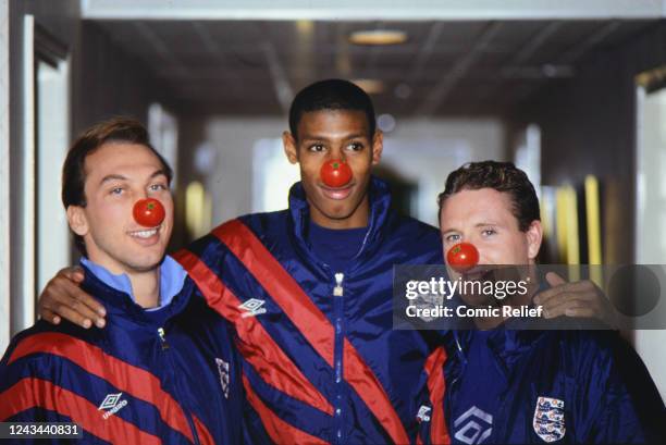 Members of the England football team pose in noses for Red Nose Day in 1993, England.