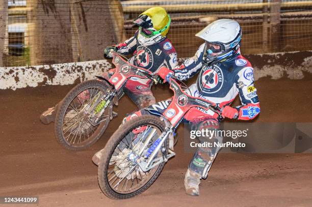 Matej Zagar and Charles Wright in action for Belle Vue ATPI Aces during the SGB Premiership match between Sheffield Tigers and Belle Vue Aces at...