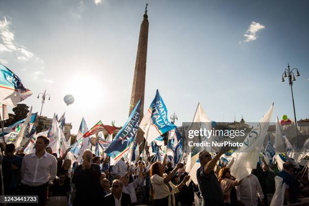 Supporters of the center-right attend a closing rally of the campaign for the general elections at Piazza del Popolo in Rome, Italy, 22 September...