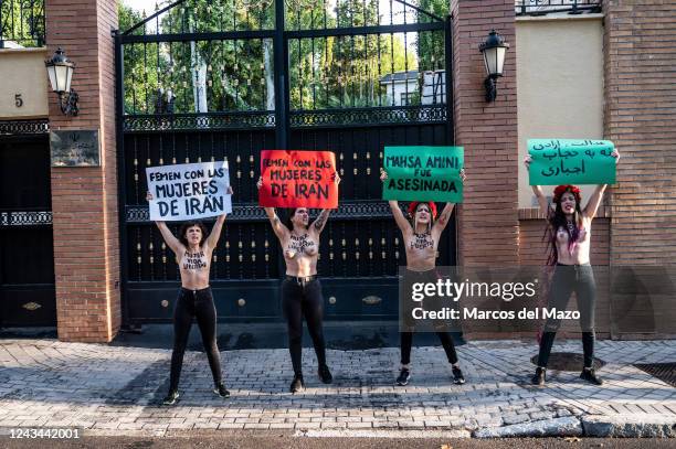 Activists of feminist group FEMEN protesting bare-chested outside of the Embassy of Iran against the death of Iranian woman Mahsa Amini. Mahsa Amini...