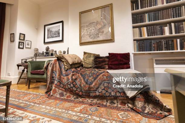 View of Freud's famous psychoanalytic couch at Freud Museum London where psychoanalyst Sigmund Freud lived with his family during the last year of...