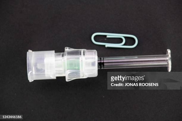Illustration picture shows a close-up of the applicator developed by Idevax, a Belgian startup that developed a more efficient vaccine injection...