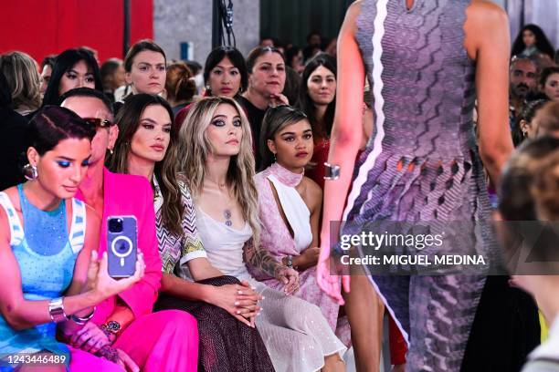 Actor and model Indya Moore , Brazilian model Alessandra Ambrosio and US model, actress and musician Paris Jackson attend the presentation of...