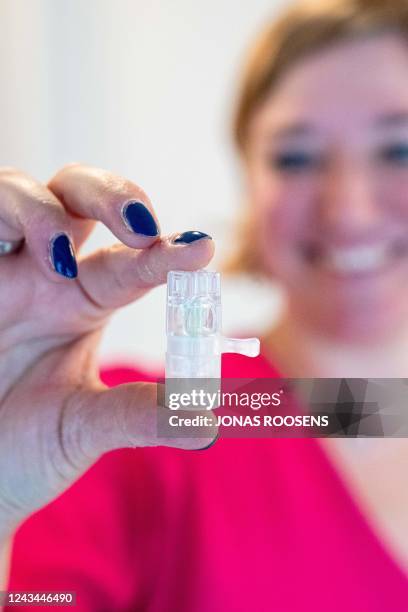 Vanessa Vankerckhoven, co-founder of Idevax, holding the applicator developed by Idevax, a Belgian startup that developed a more efficient vaccine...