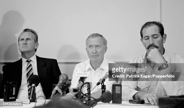 England captain Graham Gooch , coach Keith Fletcher and chairman of selectors Ted Dexter face the press after the 2nd Test match between England and...