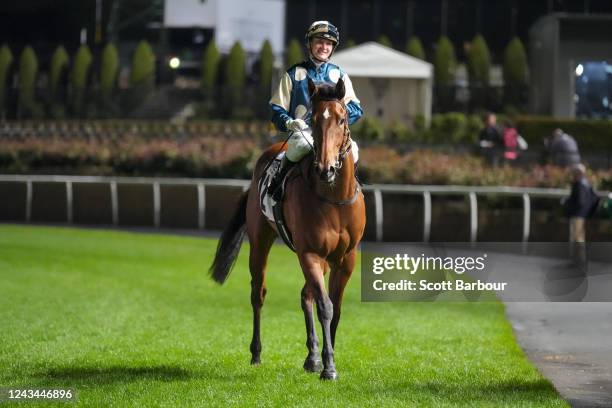 Coolangatta ridden by Jamie Kah returns to the mounting yard after winning the Charter Keck Cramer Moir Stakes at Moonee Valley Racecourse on...