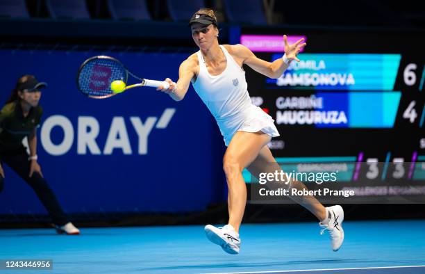 Liudmila Samsonova of Russia in action against Garbine Muguruza of Spain during her quarter-final match on Day 5 of the Toray Pan Pacific Open at...