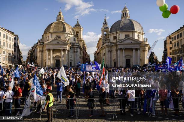 People seen arriving at Piazza del Popolo for the rally. Leaders of the center-right coalition gathered together in Piazza del Popolo in Rome for the...