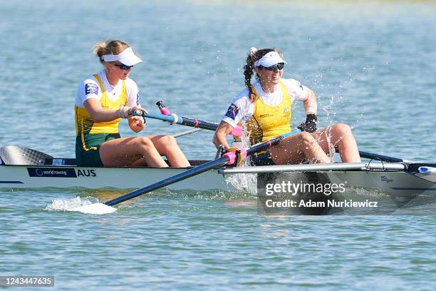 Alex Vuillermin and Alexandra Viney of Australia celebrate their silver medal PR3 Women's Pair Final A during 2022 World Rowing Championships on...