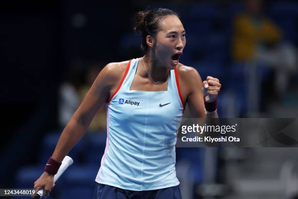 Zheng Qinwen of China celebrates after a point in the Singles quarterfinal match against Claire Liu of the United States during day five of the Toray...