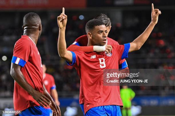 Costa Rica's Jewisson Bennette celebrates his goal against South Korea during a friendly football match between South Korea and Costa Rica in Goyang...