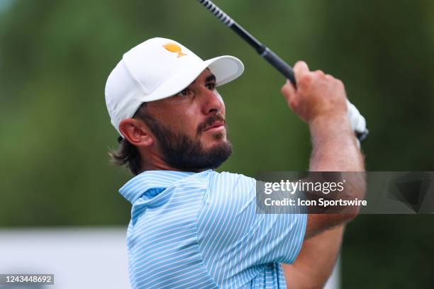 Team Member Max Homa tees off from the 6th tee box during the first round of the Presidents Cup on Sep 22 at Quail Hollow Club in Charlotte, NC.