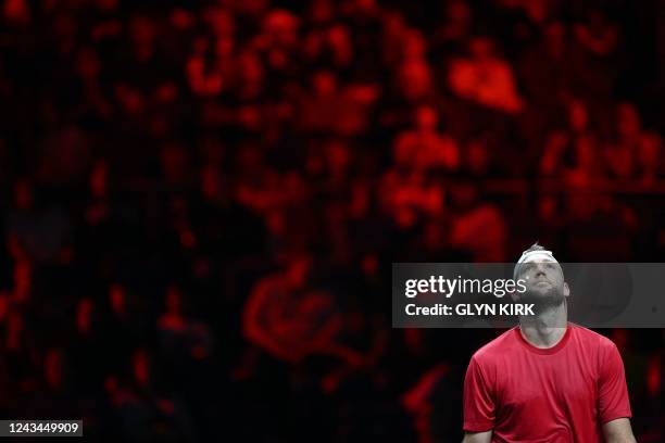 S Jack Sock of Team World reacts as he plays against Norway's Casper Ruud of Team Europe during their 2022 Laver Cup men's singles tennis match at...