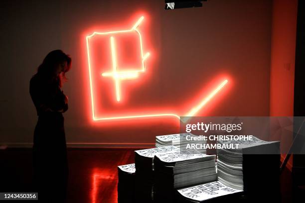 Visitor looks at artworks by artist Omar Mismar during a preview of the exhibition 'Habibi - Les revolutions de l'amour' at the Institut du Monde...