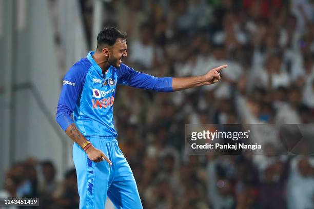 Axar Patel of India celebrates the wicket of Glenn Maxwell of Australia during game two of the T20 International series between India and Australia...