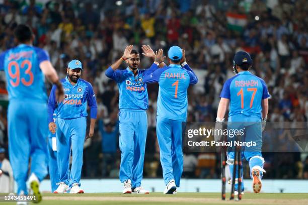 Axar Patel of India celebrates the wicket of Glenn Maxwell of Australia during game two of the T20 International series between India and Australia...