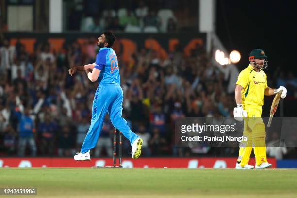 Jasprit Bumrah of India celebrates the wicket of Aaron Finch of Australia during game two of the T20 International series between India and Australia...