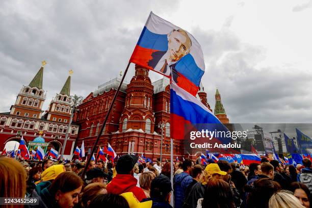 Russians hold a rally in support of separatist regions in Ukraine at Manege Square in Moscow, Russia on September 23, 2022. Protesters carrying...