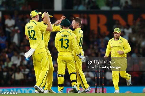 Adam Zampa of Australia celebrates the wicket of Suryakumar Yadav of India during game two of the T20 International series between India and...