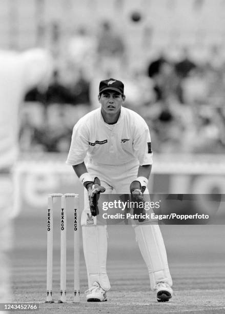 New Zealand wicketkeeper Adam Parore receiving a throw from the outfield during the 1st Texaco Trophy One Day International between England and New...